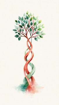 A stylized watercolor illustration of two intertwined tree trunks with lush green leaves, symbolizing unity and growth.