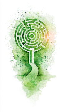 A watercolor illustration of a circular maze with an entrance path, painted in varying shades of green with textured splashes.