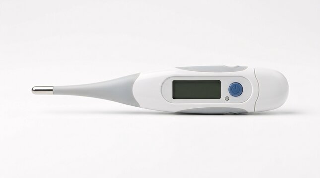 Modern digital medical thermometer with blue button for measuring body fever isolated