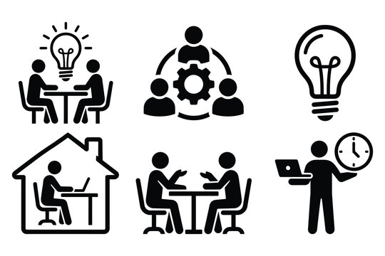 Business and work concept icons set featuring teamwork brainstorming remote work time management innovative ideas office work black and white home office teamwork brainstorming innovation