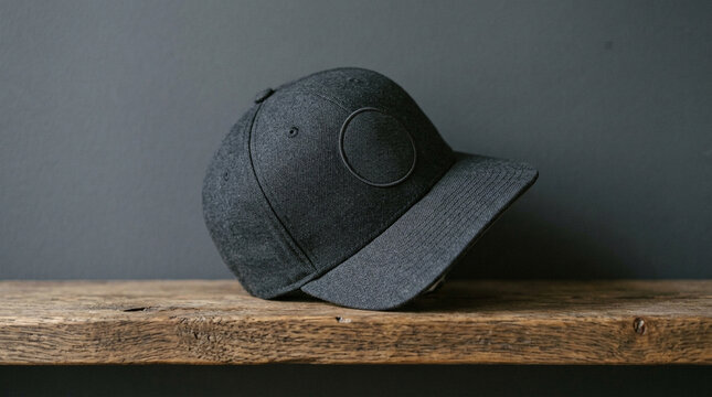 Charcoal gray baseball cap with circular patch on wooden shelf