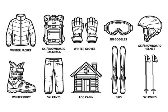 Winter sports equipment and clothing vector icon set illustration with equipment clothing backpack snowboarding recreation mountain adventure vacation collection pictograms graphics