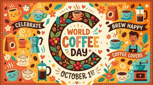 World coffee day celebration illustration with coffee lovers and brewing items