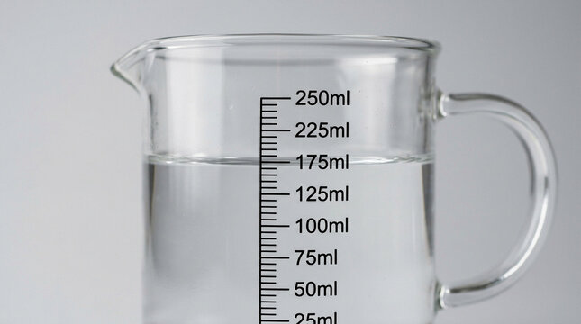 Glass measuring cup with water on gray background