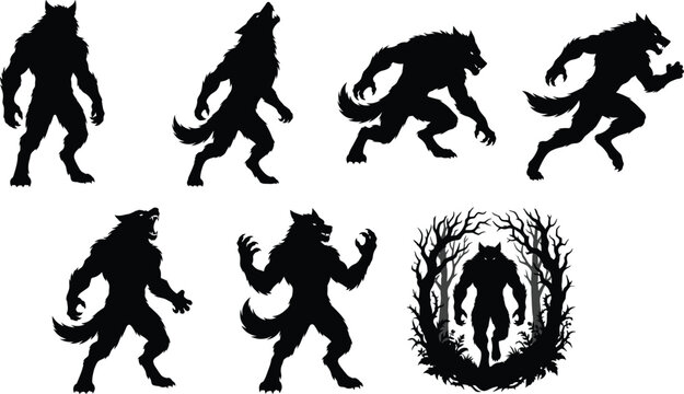 Mysterious werewolf silhouette collection featuring dynamic poses, forest background, mythical creature art, fantasy monster illustration for stock vector content