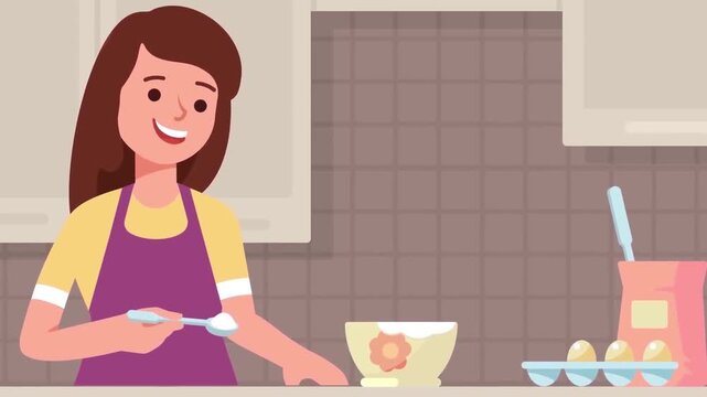 2D Animated Woman Stirring Ingredients in Bowl in Kitchen Cooking Scene Flat Vector Character Animation Footage