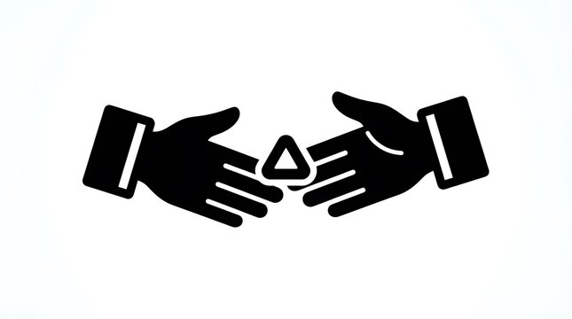 Two hands exchange triangle icon business partnership deal black vector glyph isolated on white background