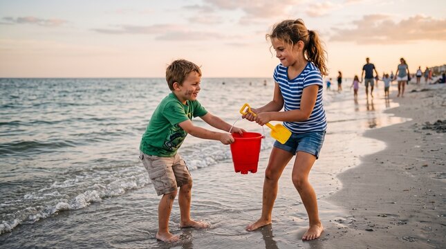 Joyful siblings playing with a red bucket and yellow shovel at the ocean shore during sunset
