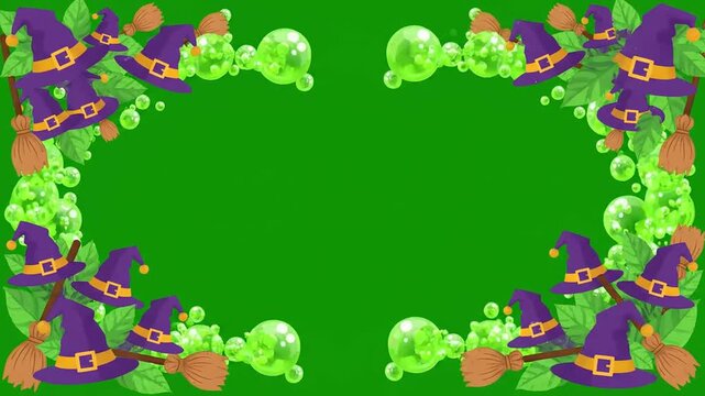 Halloween witch hat frame border animation with green screen overlay and magic potion bubbles for spooky party video editing design