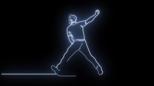 Continuous glowing blue line art animation of a cricket fast bowler delivering a ball.