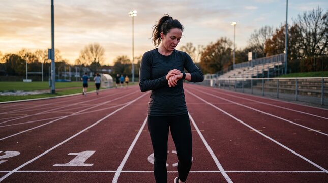 Woman checking smartwatch on running track at sunset with other runners in background