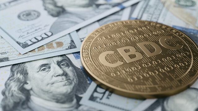 CBDC Coin Resting on Scattered US Dollar Banknotes. 3d rendering