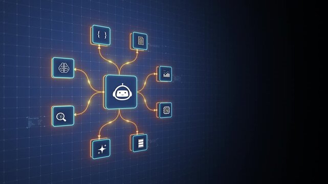 AI Agent Learning Core Connecting Intelligence and Data Processing Modules Motion Graphics