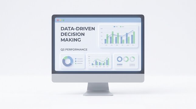 Computer monitor displaying a data driven decision making dashboard UI