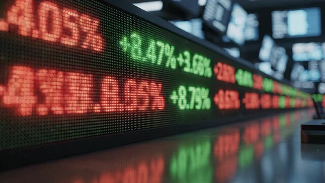 Dynamic stock market ticker display showcasing investment growth and loss percentage fluctuations, finance trading data, positive and negative percentage changes, digital LED board, market activity