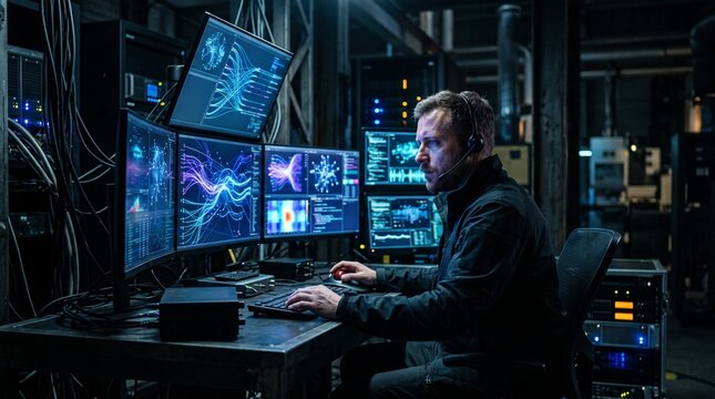 Man wearing headset works on multiple computer monitors displaying complex data visualizations in a dark server room