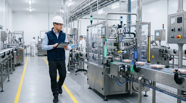 Food production factory worker in hard hat inspects automated packaging line with tablet