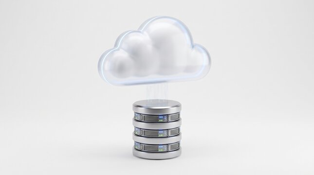 Transparent cloud shape positioned above a server database stack on a white