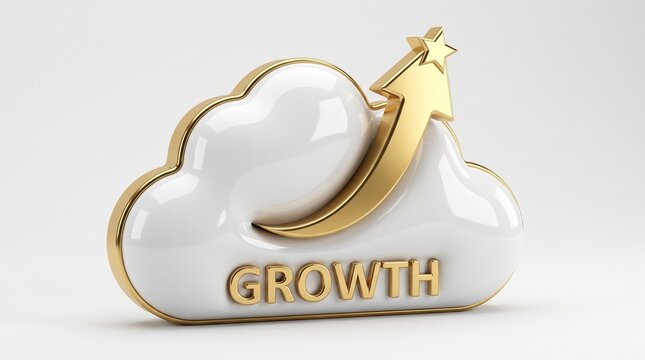 White and gold cloud shape icon with golden rising arrow and growth text concept