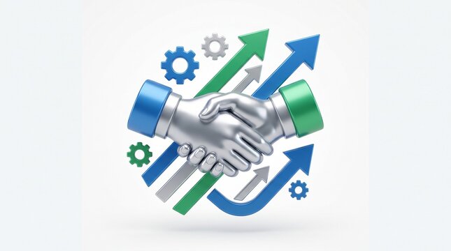 Metallic handshake surrounded by colorful upward trending arrows and gears