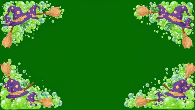 Halloween witch hat and broom frame border with glowing green magic potion bubbles overlay