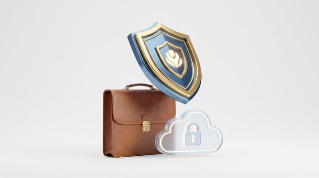 Cyber security shield protecting a brown leather briefcase and data cloud