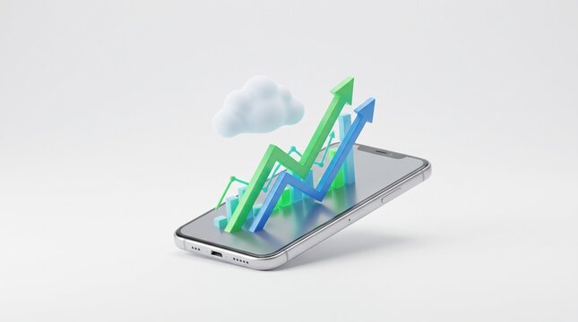 Financial growth charts and a data cloud rising above a modern smartphone screen