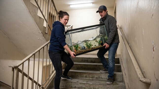 Couple carefully carries a full fish tank down a concrete staircase