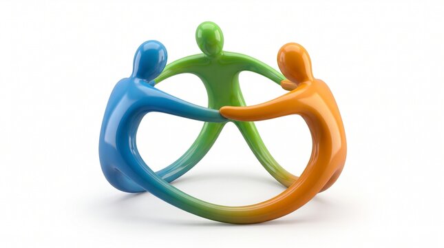 Three colorful plastic figures holding hands forming a circle representing