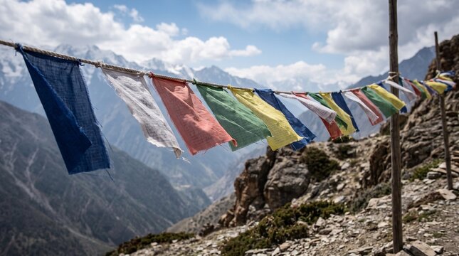 Colorful prayer flags flutter in the wind against a backdrop of majestic Himalayan mountains and a cloudy sky