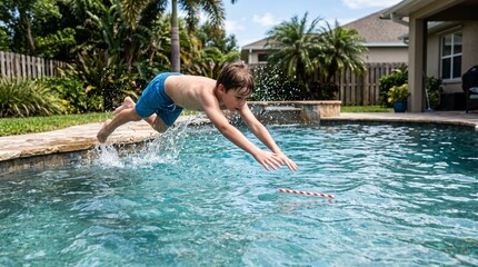 Naklejka premium Young boy dives into a sparkling blue swimming pool on a sunny day splashing water