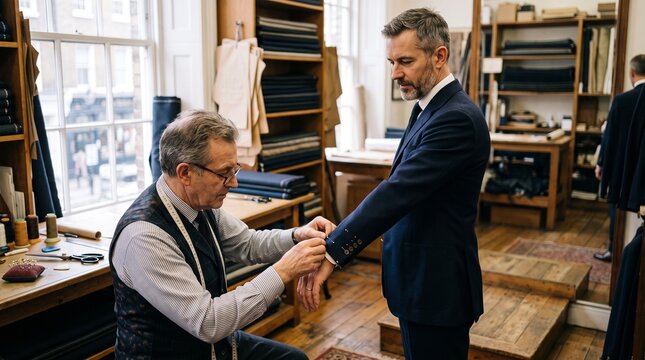Tailor Measuring Client for Bespoke Suit Fitting in Traditional Tailoring Shop