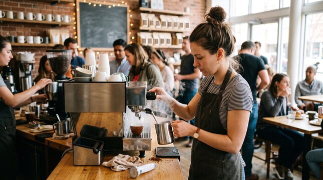 Barista making coffee in a busy cafe with customers in the background