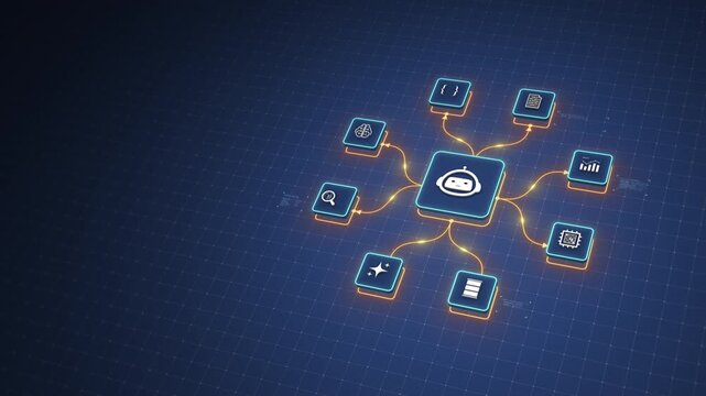 AI Agent Learning Core Connecting Intelligence and Data Processing Modules Motion Graphics