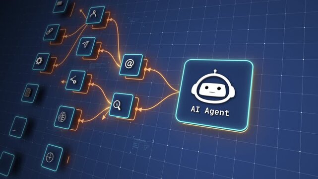 AI Agent Intelligence Core Connecting Automation and Digital Workflow Modules Motion Graphics