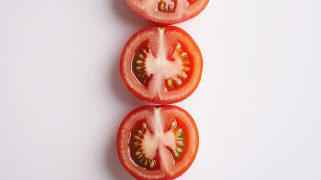 Tomato slices are arranged in a neat vertical row over a plain white surface, showcasing their fresh red flesh and seeds.
