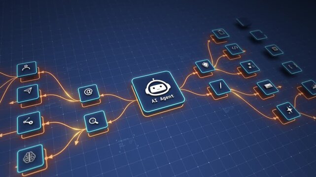 AI Agent Intelligence Core Connecting Automation and Digital Workflow Modules Motion Graphics