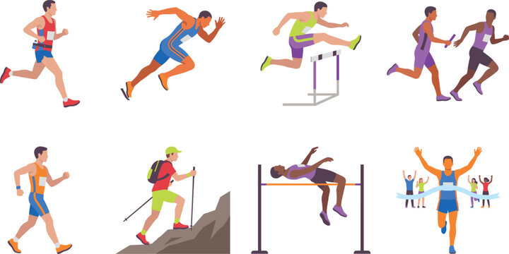 Athletics and Running Vector Flat Illustration Set Featuring Sprint Relay Hurdles High Jump Hiking and Finish Line