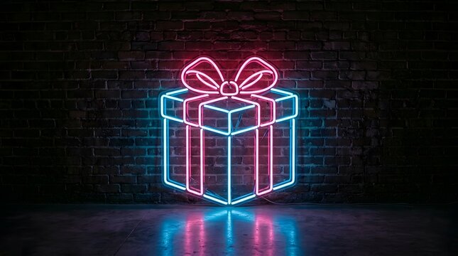 A vibrant neon depiction of a christmas gift beautifully illuminated with pink and blue lights