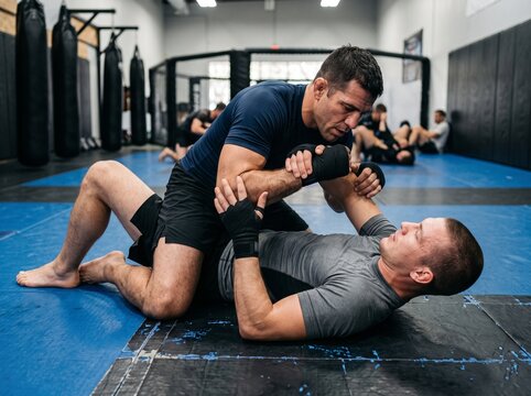 Male athlete applying a Kimura shoulder lock submission on his training partner during MMA grappling practice in a gym