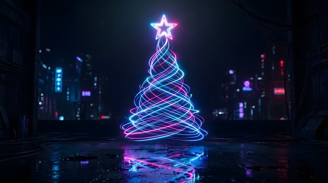 A stunning digitally rendered christmas tree illuminates a dark cityscape radiating festive cheer and holiday spirit