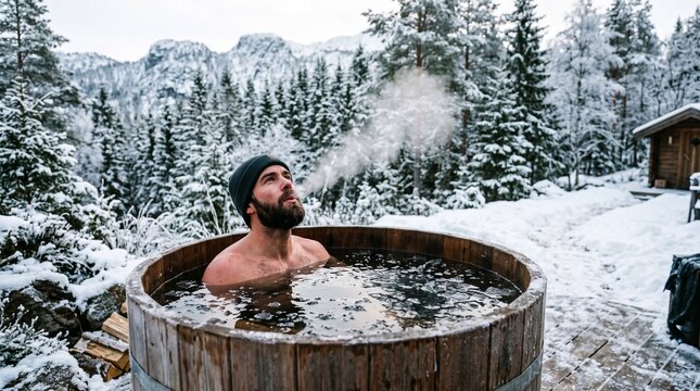 Man enjoying a cold plunge in a wooden tub surrounded by a snowy winter forest landscape