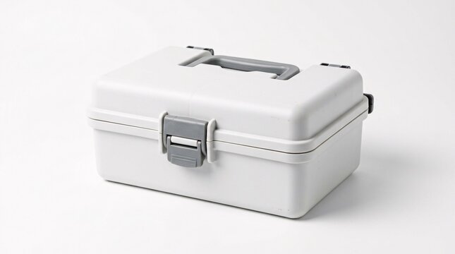 White plastic medicine storage organizer container box with handle isolated on white background