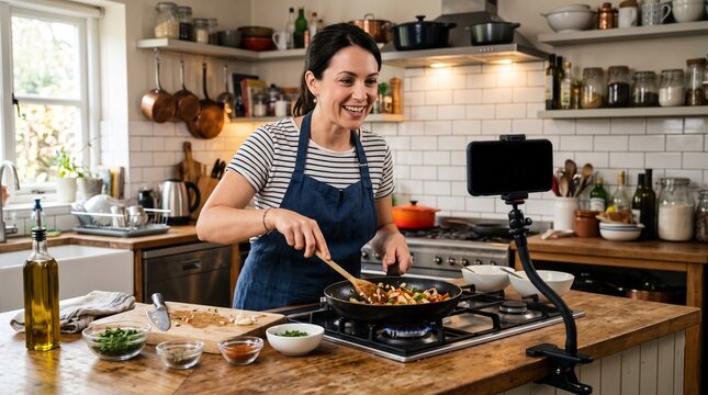 Woman cooking healthy food in kitchen recording video tutorial on smartphone for social media
