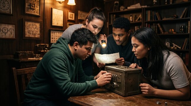 Diverse group of friends collaborating to solve a puzzle in an escape room with a vintage safe