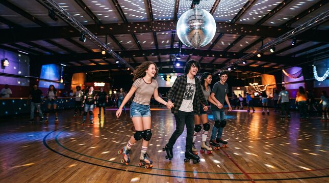 Teenagers holding hands while roller skating in a disco lit roller rink with a disco ball overhead