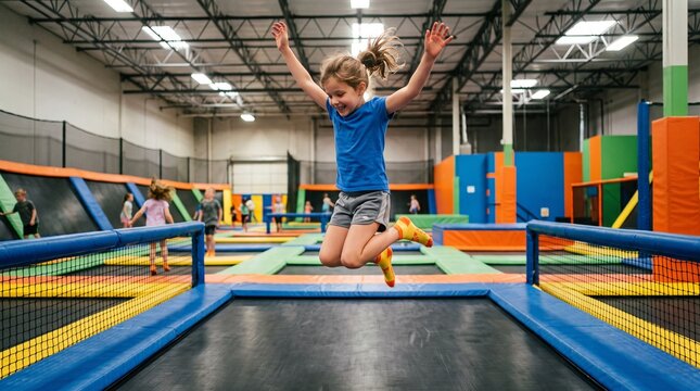 Joyful young girl with arms raised mid-air jumping on a trampoline in an indoor amusement park