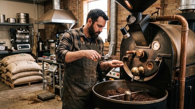 Skilled Barista Inspecting Freshly Roasted Coffee Beans During Production in a Craft Roastery