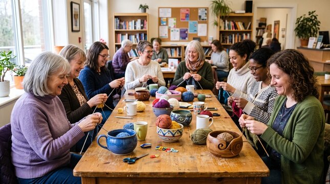 Diverse group of women enjoying a knitting circle session around a wooden table