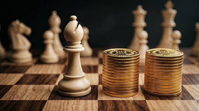 White bishop chess piece standing tall next to two large stacks of shiny golden coins on a classic wooden board